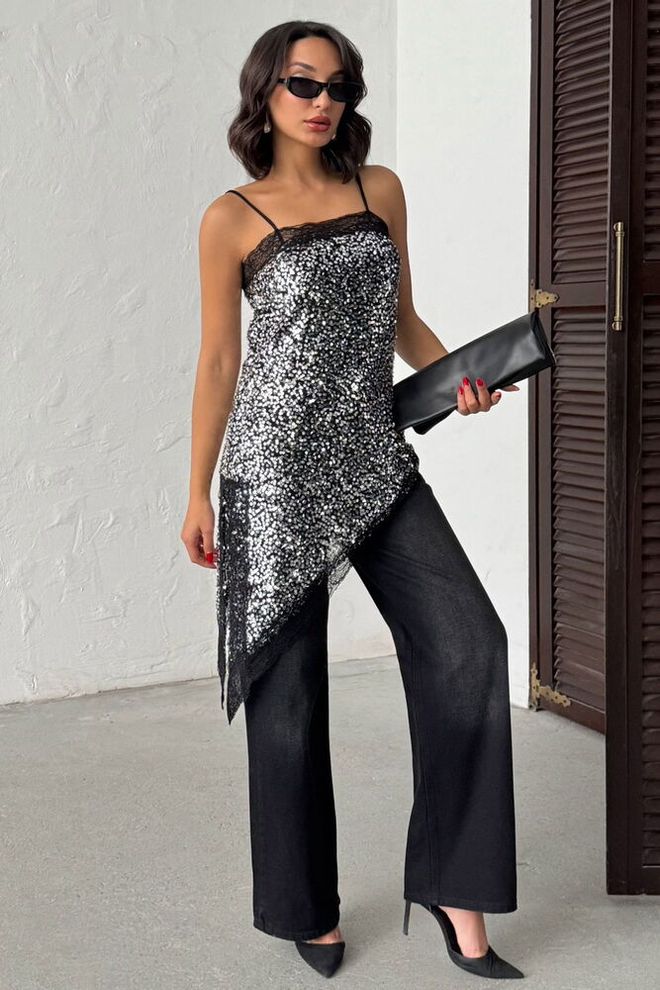 Topshow Black Sequined Slim Fit Polo Neck Blouse Wholesale Clothing Casual