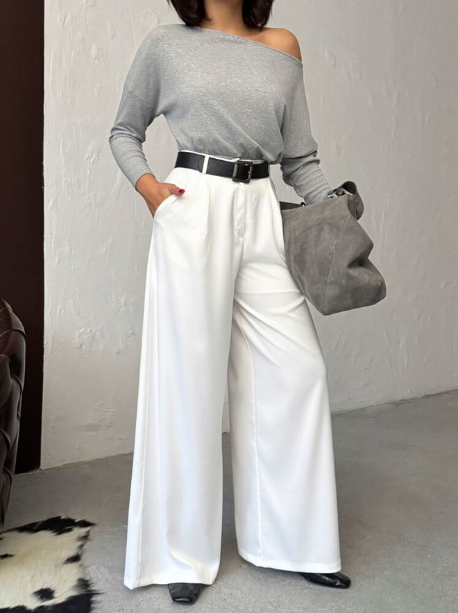 Topshow White Palazzo Pants High Waist Wide Leg Zip Up Wholesale Clothing Lounge