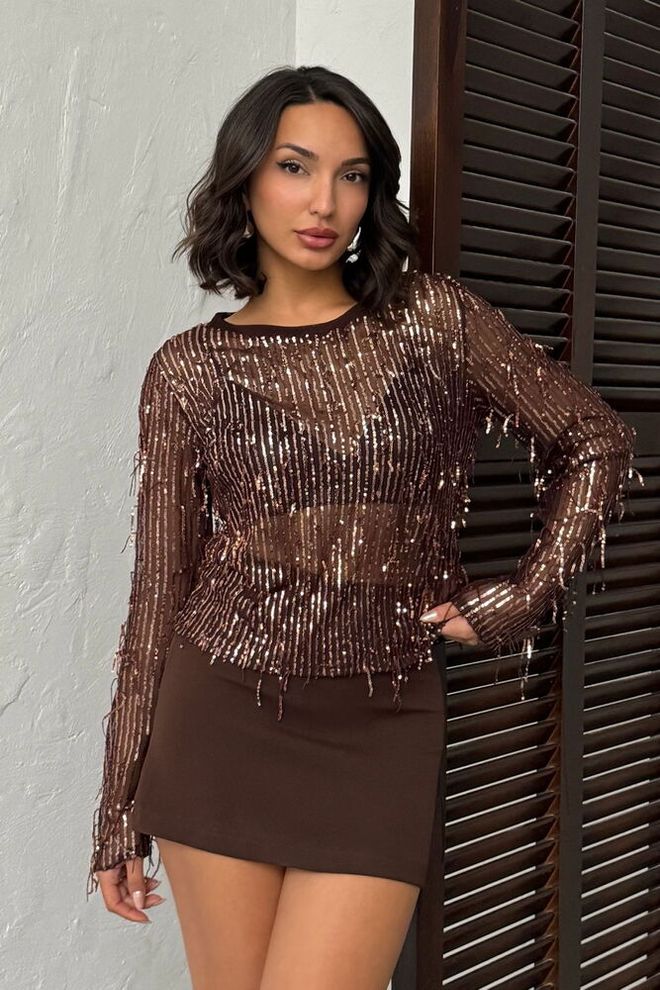 Topshow Blusa Castanha Com Lantejoulas Glam Para Noite Roupas por atacado Casual