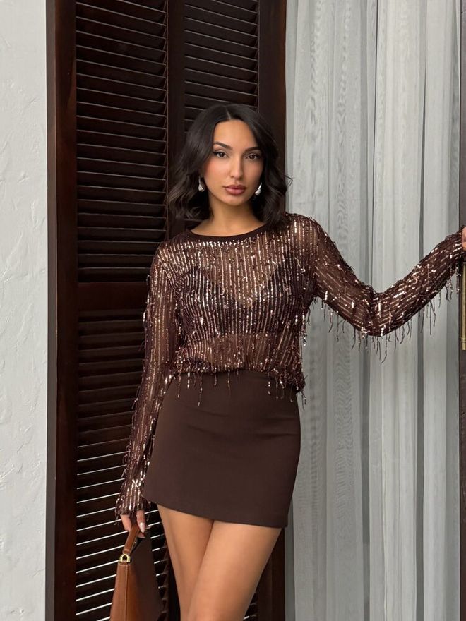 Topshow Brown Sequined Glam Blouse For Evening Wholesale Clothing Birthday