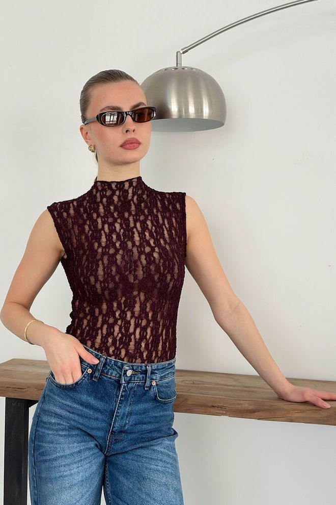 Topshow Blusa Vermelho Clarete Com Decote Alto E Mangas Japonesas Roupas por atacado Casual