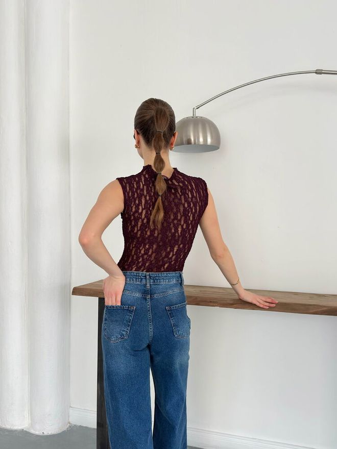 Topshow Claret Red Blouse With High Neck & Cap Sleeves Wholesale Clothing Sexy