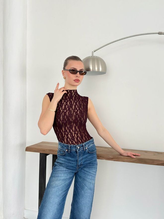 Topshow Claret Red Blouse With High Neck & Cap Sleeves Wholesale Clothing Birthday