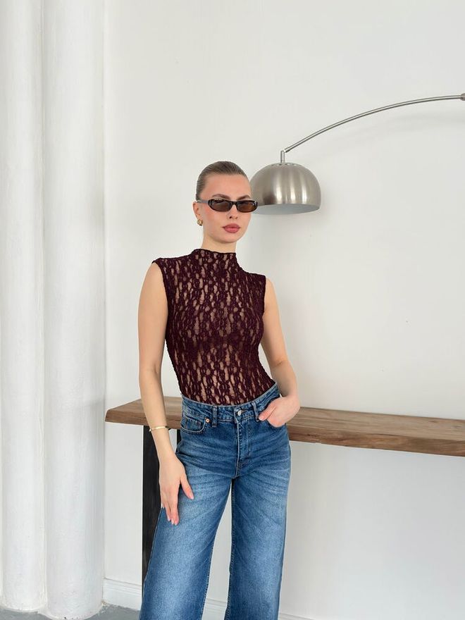 Topshow Claret Red Blouse With High Neck & Cap Sleeves Wholesale Clothing 1