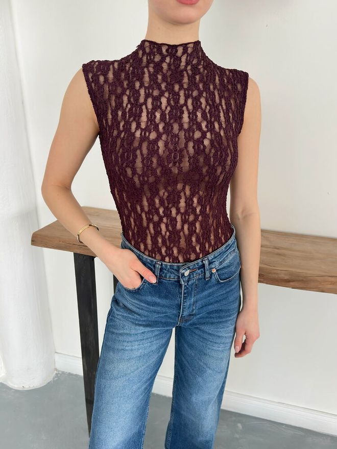 Topshow Claret Red Blouse With High Neck & Cap Sleeves Wholesale Clothing Spring