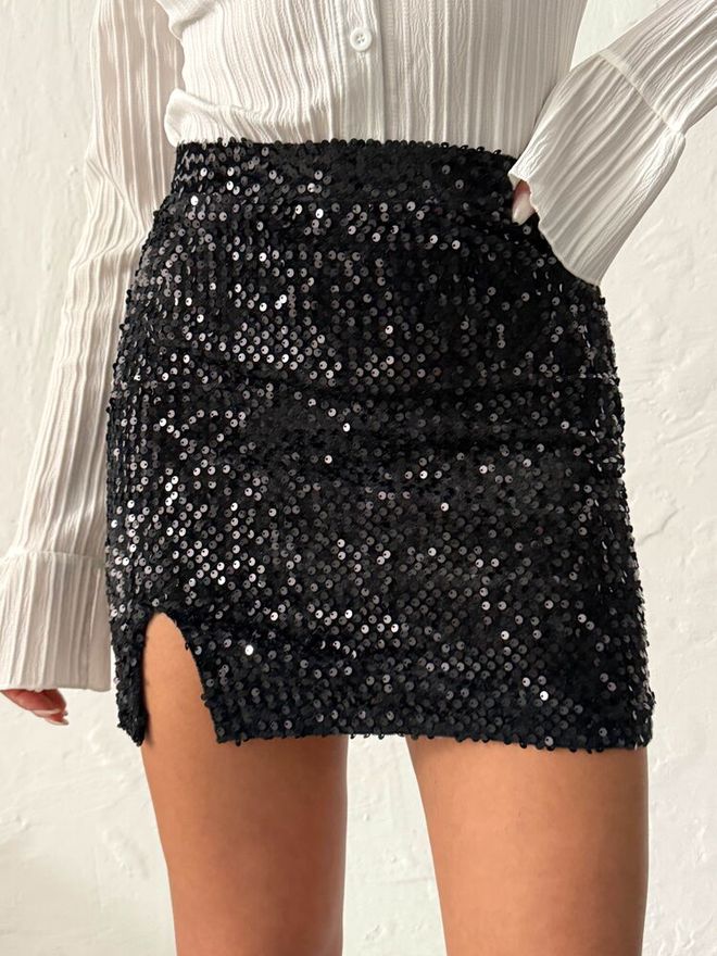 Topshow Black Sequined Bodycon Mini Skirt With High Waist Wholesale Clothing Spring