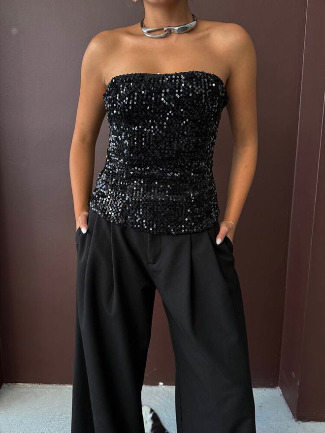 Topshow Black Glam Sexy Strapless Sequined Blouse Wholesale Clothing Spring