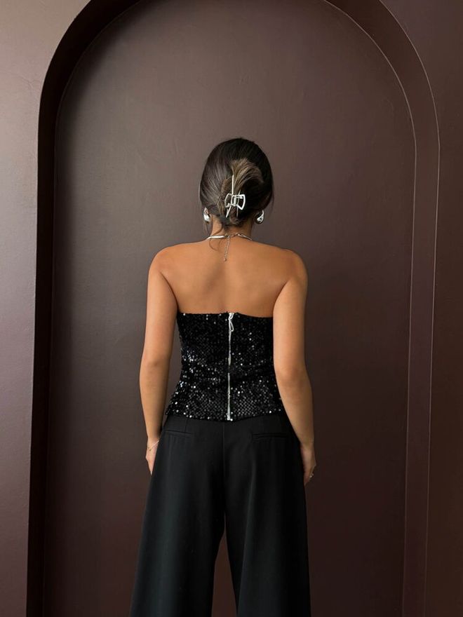 Topshow Black Glam Sexy Strapless Sequined Blouse Wholesale Clothing Glam