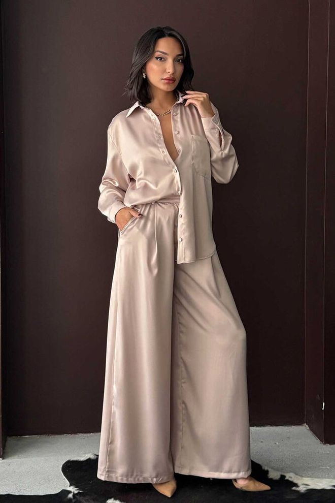 Topshow Beige Palazzo Broek Elegant Wijde Pijp Hoge Taille Groothandel Kleding Casual