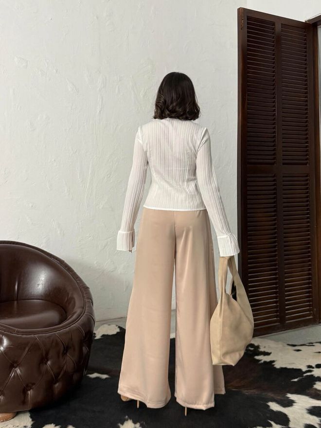 Topshow Beige Palazzo Pants Elegant Wide Leg High Waist Wholesale Clothing Formal