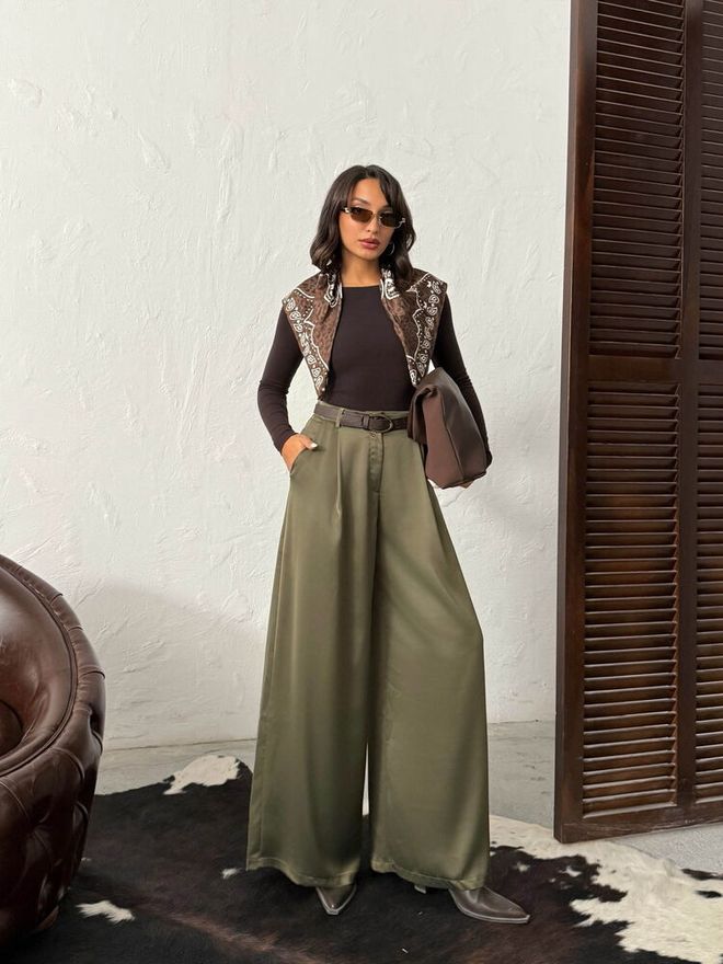 Topshow Green Elegant Casual Vintage Retro Palazzo Pants Wholesale Clothing Lounge