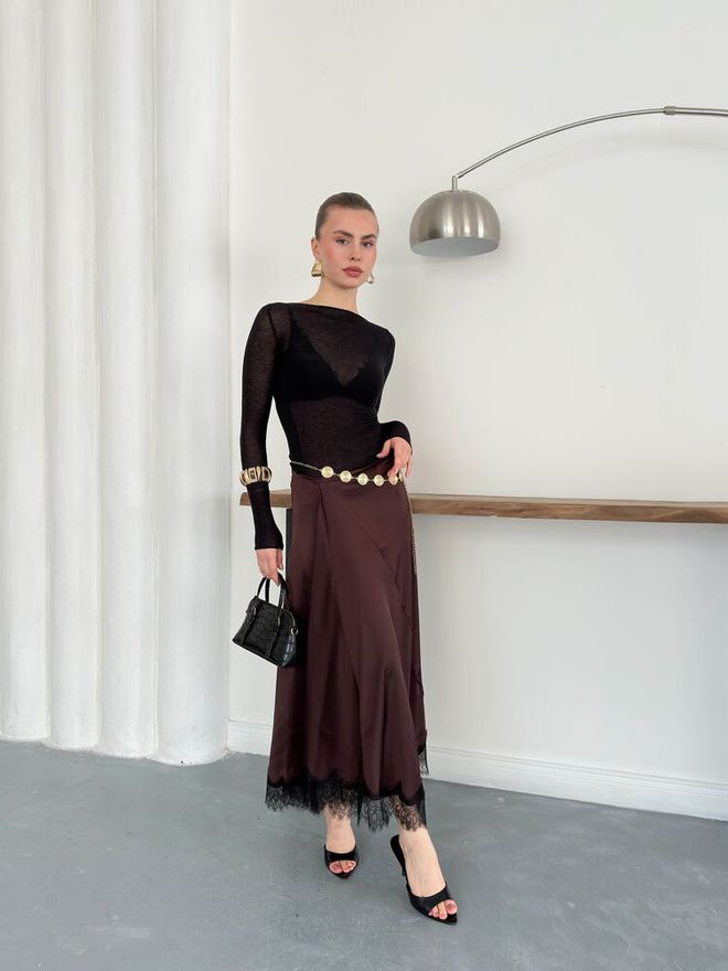 Topshow Saia Castanho Elegante Formal Vintage Glamoroso Modesto Retro Linha A Maxi Cintura Alta Só Puxar Liso Roupas por atacado 1