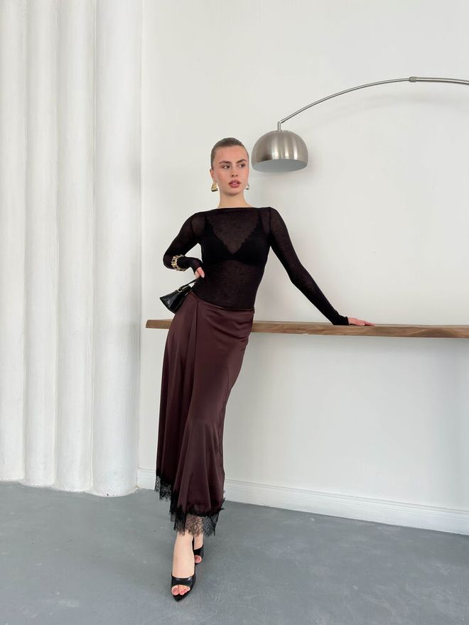 Topshow Saia Castanho Elegante Formal Vintage Glamoroso Modesto Retro Linha A Maxi Cintura Alta Só Puxar Liso Roupas por atacado Trabalho