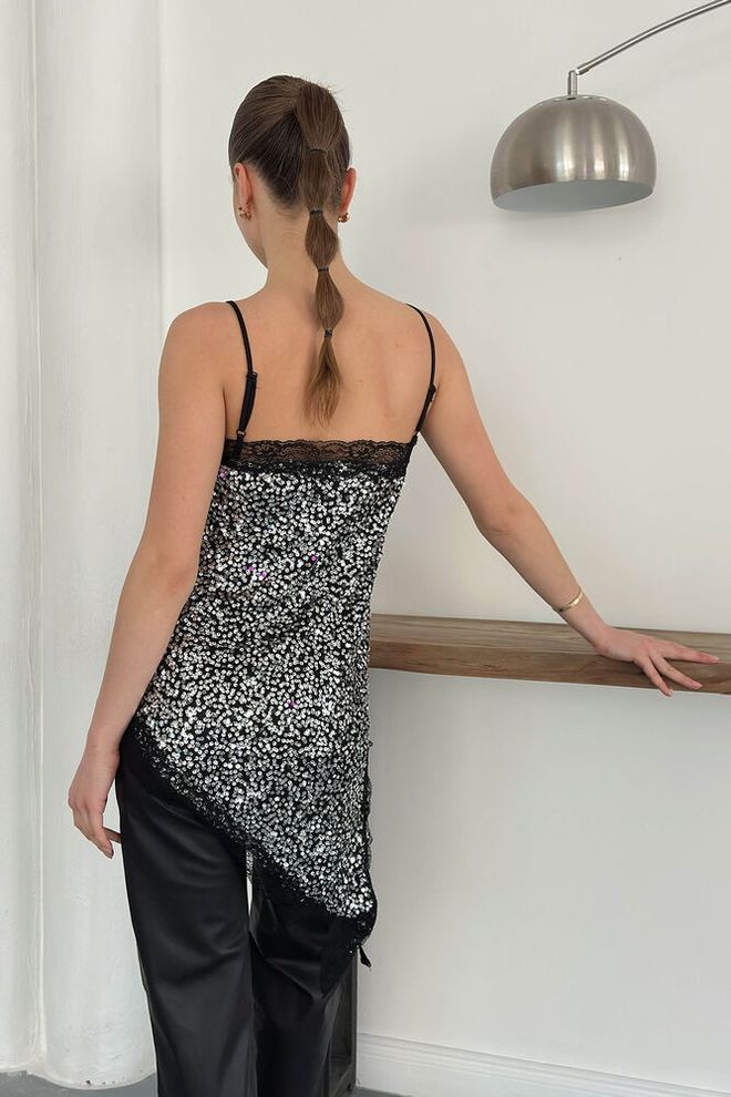 Topshow Black Sequined Slim Fit Polo Neck Blouse Wholesale Clothing Sexy