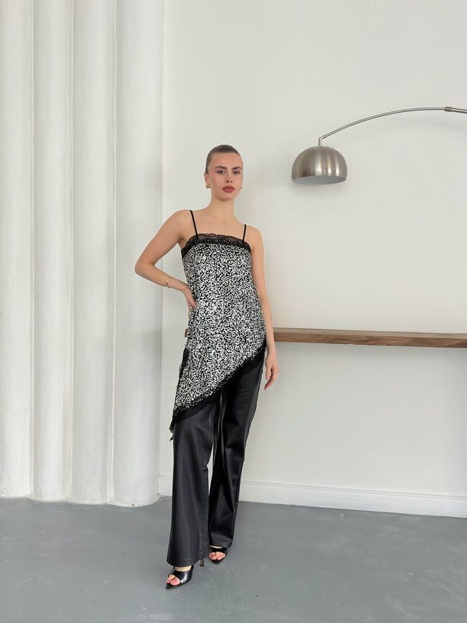 Topshow Black Sequined Slim Fit Polo Neck Blouse Wholesale Clothing Birthday