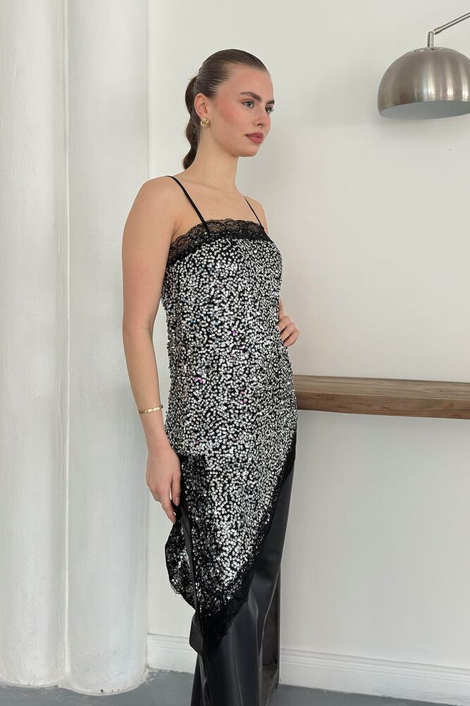 Topshow Black Sequined Slim Fit Polo Neck Blouse Wholesale Clothing 1