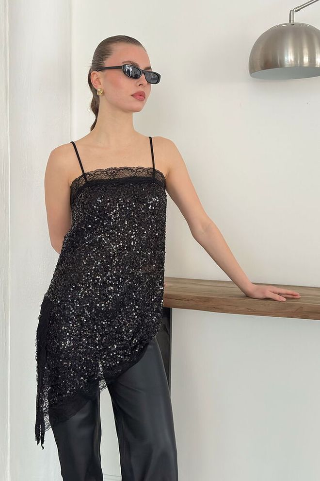 Topshow Черная Гламурная Блузка Без Рукавов Slim Fit Оптовая продажа одежды Винтаж