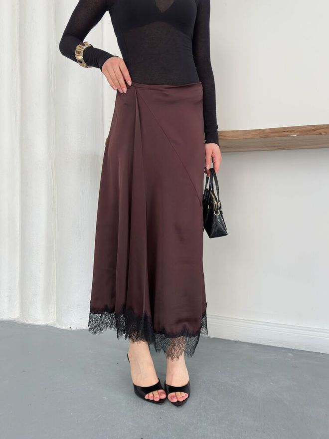 Topshow Saia Castanho Elegante Formal Vintage Glamoroso Modesto Retro Linha A Maxi Cintura Alta Só Puxar Liso Roupas por atacado Primavera