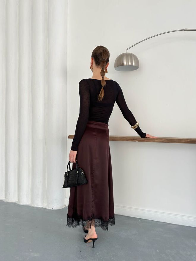 Topshow Saia Castanho Elegante Formal Vintage Glamoroso Modesto Retro Linha A Maxi Cintura Alta Só Puxar Liso Roupas por atacado Vintage