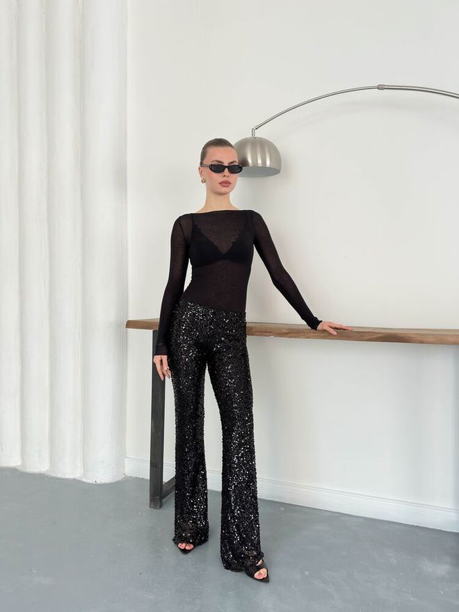 Topshow Black Sequined Bootcut Pants Wholesale Clothing Birthday