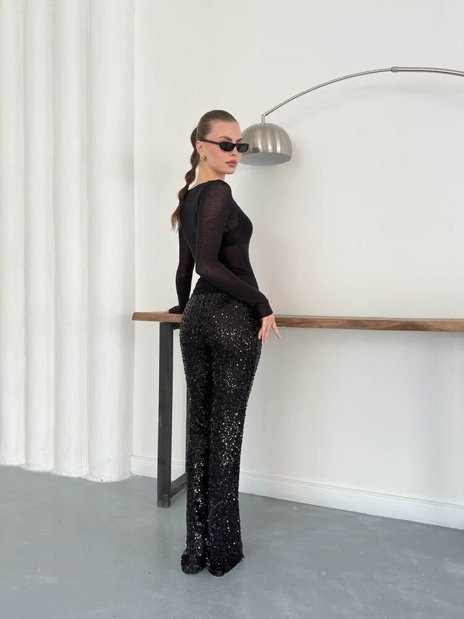 Topshow Black Sequined Bootcut Pants Wholesale Clothing Formal