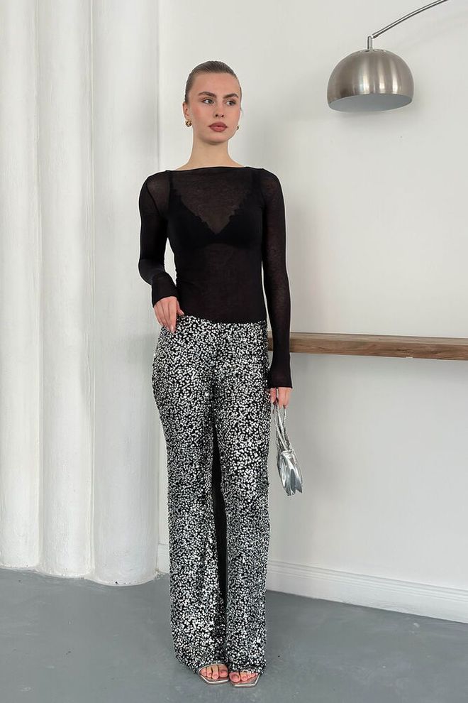 Topshow Black Glam Sequined Bootcut Flare Leg Pants Wholesale Clothing 1