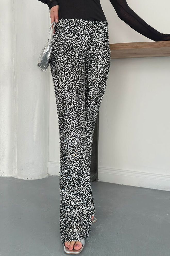 Topshow Black Glam Sequined Bootcut Flare Leg Pants Wholesale Clothing Spring