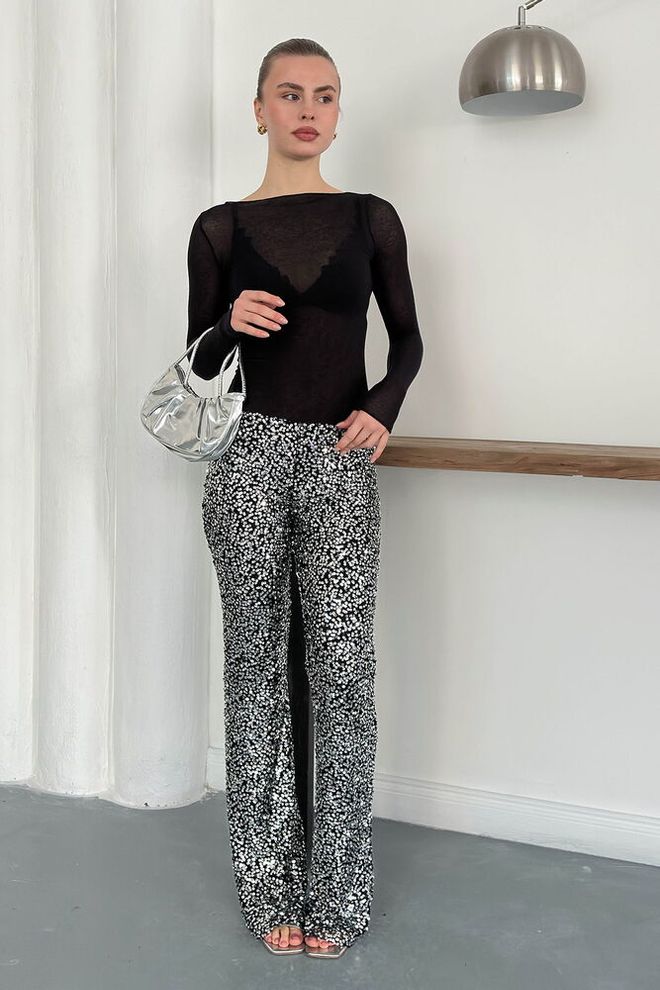 Topshow Black Glam Sequined Bootcut Flare Leg Pants Wholesale Clothing Birthday