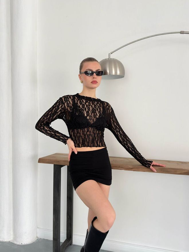 Topshow Blusa In Pizzo Nera Abbigliamento all'ingrosso Poliestere