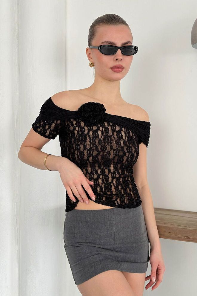 Topshow Blusa De Noite Por Atacado De Renda Com Detalhes Em Rosa Preta | Topshow Roupas por atacado Aniversário