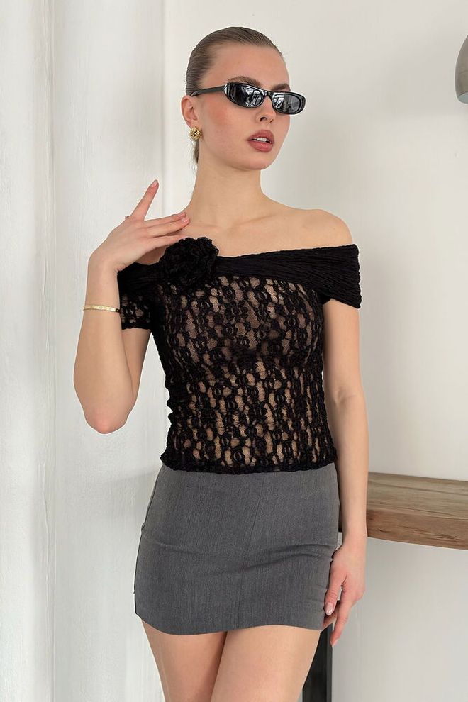 Topshow Blusa De Noite Por Atacado De Renda Com Detalhes Em Rosa Preta | Topshow Roupas por atacado Elegante