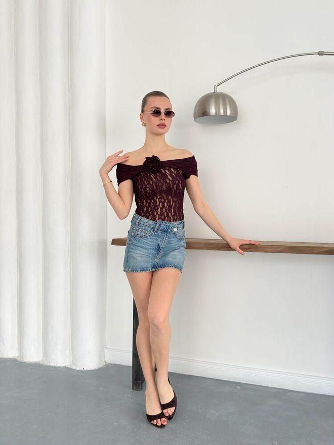 Topshow Χονδρική Βραδινή Μπλούζα Με Δαντέλα Με Ροζ Λεπτομέρεια Μπορντό | Topshow Χονδρικό εμπόριο ενδυμάτων Βαμβάκι