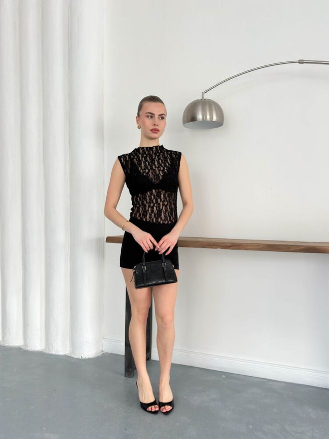 Topshow Zero Sleeve Lace Blouse Black Wholesale Clothing Cotton