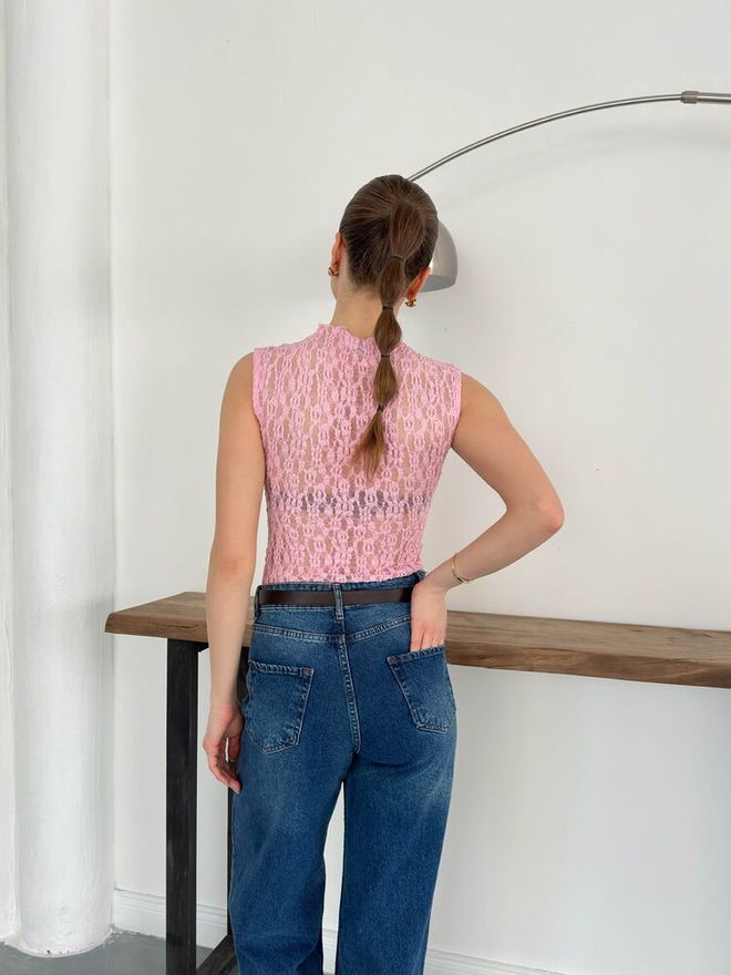 Topshow Zero Sleeve Lace Blouse Pink Wholesale Clothing Elegant