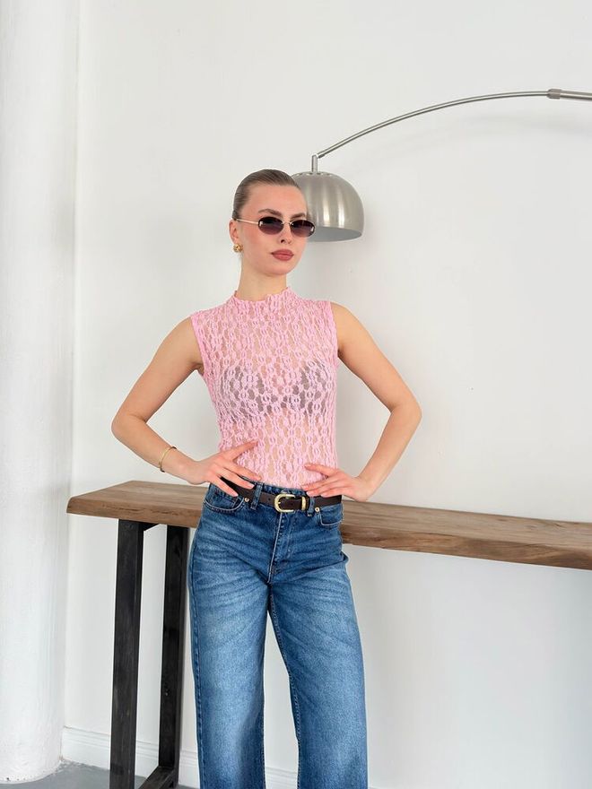 Topshow Zero Sleeve Lace Blouse Pink Wholesale Clothing Cotton