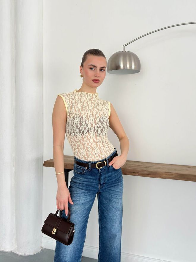 Topshow Zero Sleeve Lace Blouse Yellow Wholesale Clothing Cotton