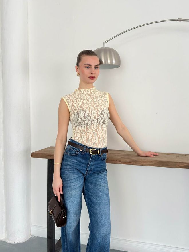 Topshow Zero Sleeve Lace Blouse Yellow Wholesale Clothing Birthday