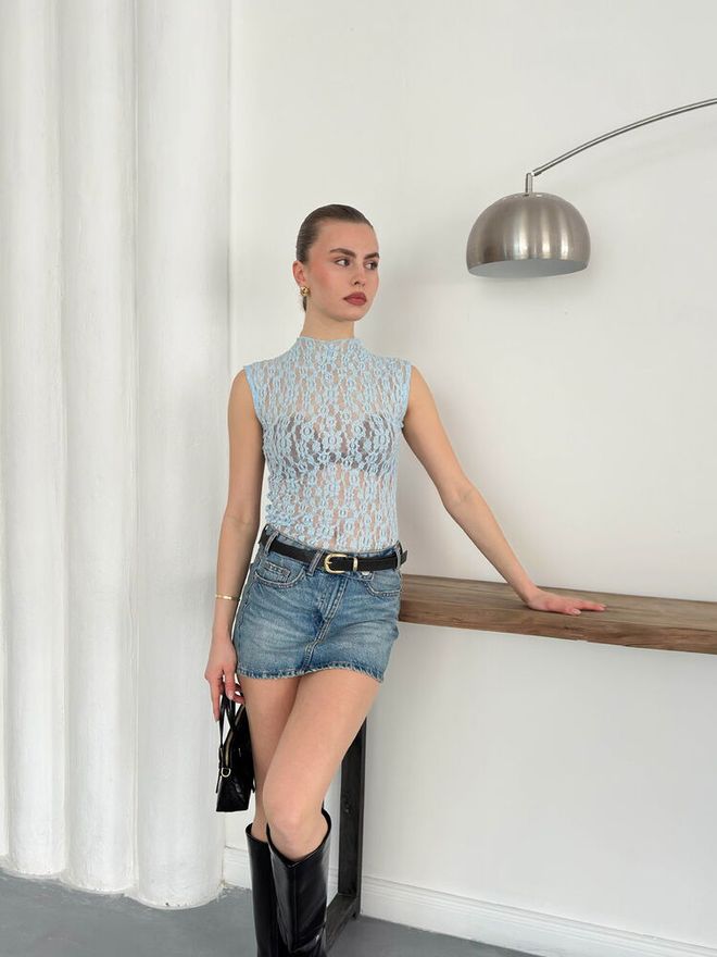 Topshow Zero Sleeve Lace Blouse Blue Wholesale Clothing Cotton