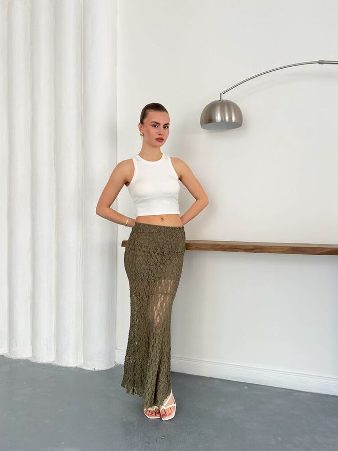 Topshow Khaki Mermaid Maxi Skirt With Mid Waist Pull On Wholesale Clothing Cocktail
