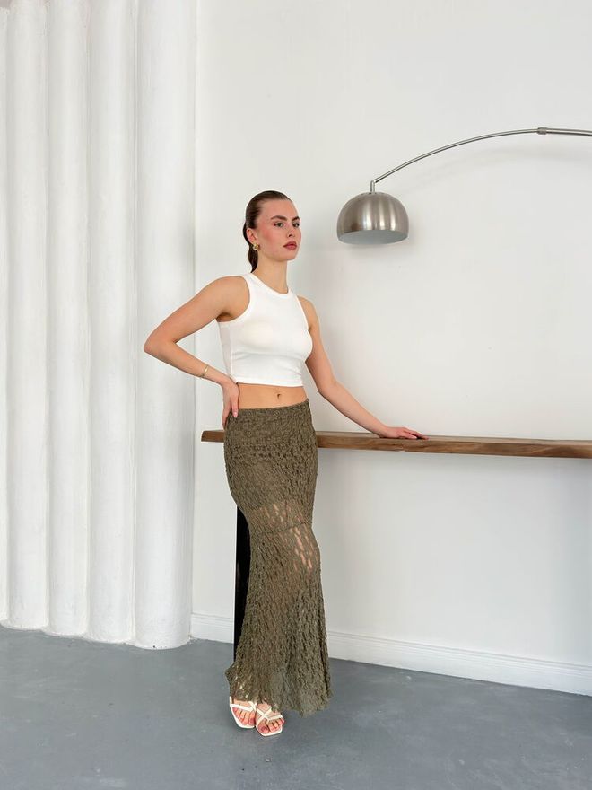 Topshow Khaki Mermaid Maxi Skirt With Mid Waist Pull On Wholesale Clothing 1