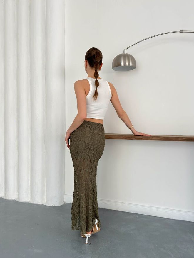 Topshow Khaki Mermaid Maxi Skirt With Mid Waist Pull On Wholesale Clothing Formal