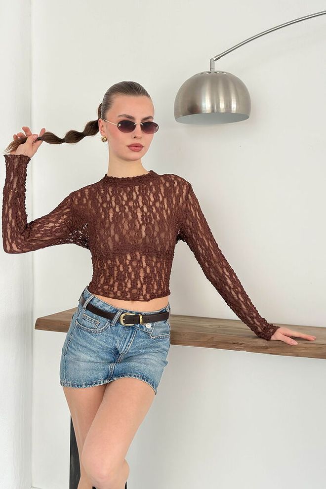 Topshow Коричневая Элегантная Приталенная Блузка С Круглым Вырезом Оптовая продажа одежды Повседневный