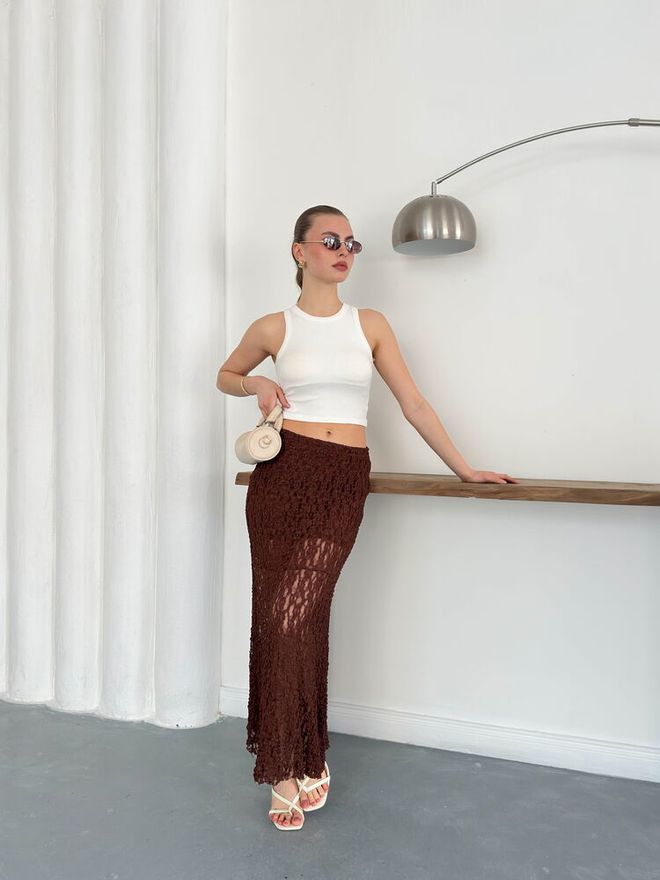 Topshow Brown Mermaid Maxi Skirt High Waist Pull On Wholesale Clothing 1