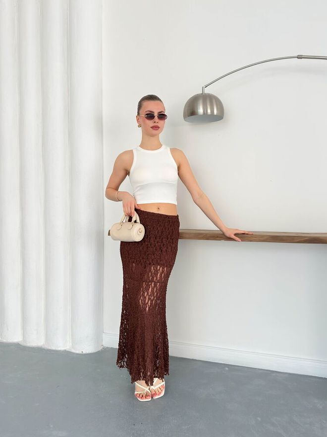 Topshow Brown Mermaid Maxi Skirt High Waist Pull On Wholesale Clothing Birthday