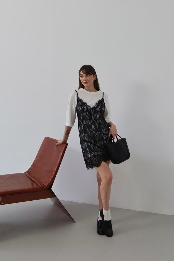 Topshow Black Slip Dress With 3/4 Straight Sleeves Wholesale Clothing Birthday