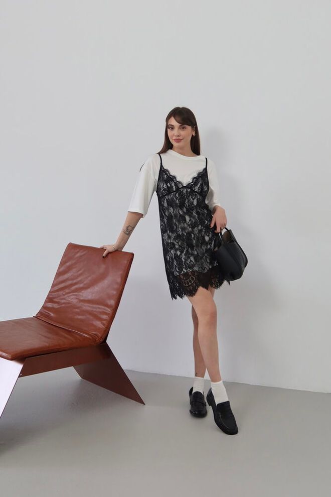 Topshow Black Slip Dress With 3/4 Straight Sleeves Wholesale Clothing 1