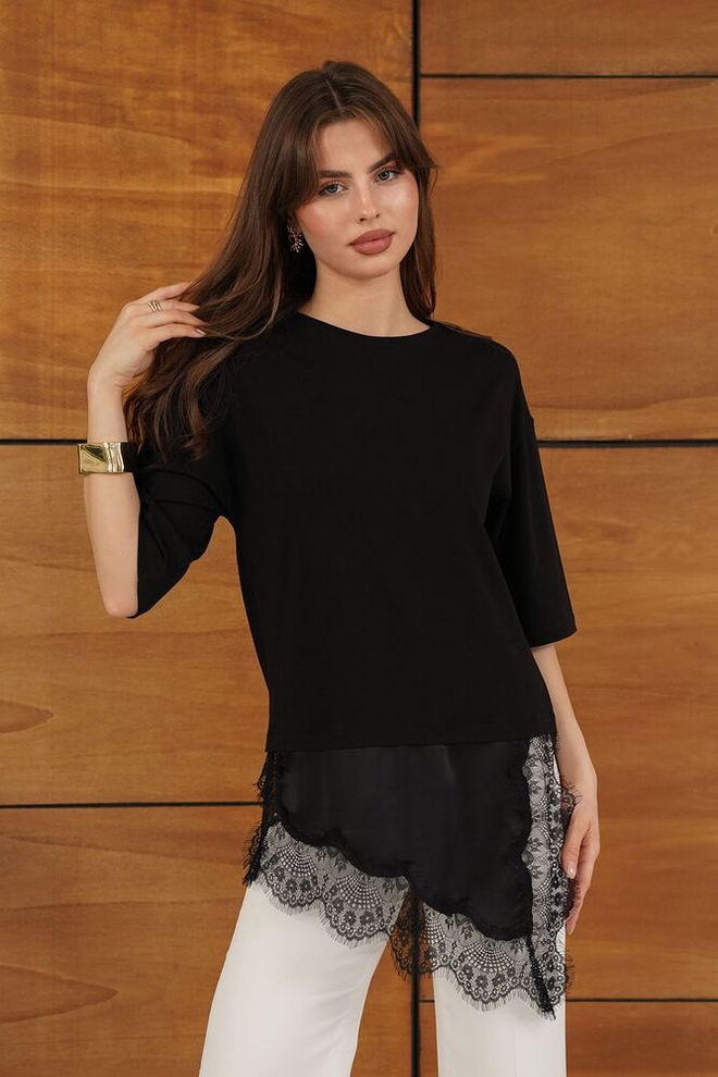 Topshow Čierna Neformálna Elegantná Blúzka S 3/4 Rukávmi Veľkoobchod s oblečením Neformálny