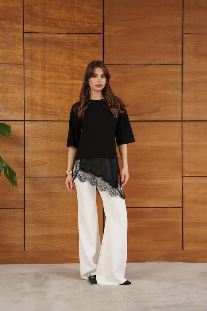 Topshow Blusa Negra Casual Elegante Con Mangas 3/4 Ropa al por mayor Salón