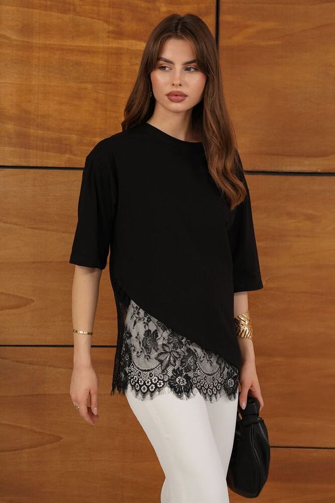 Topshow Blusa Preta Elegante Com Mangas Médias Roupas por atacado Modesto