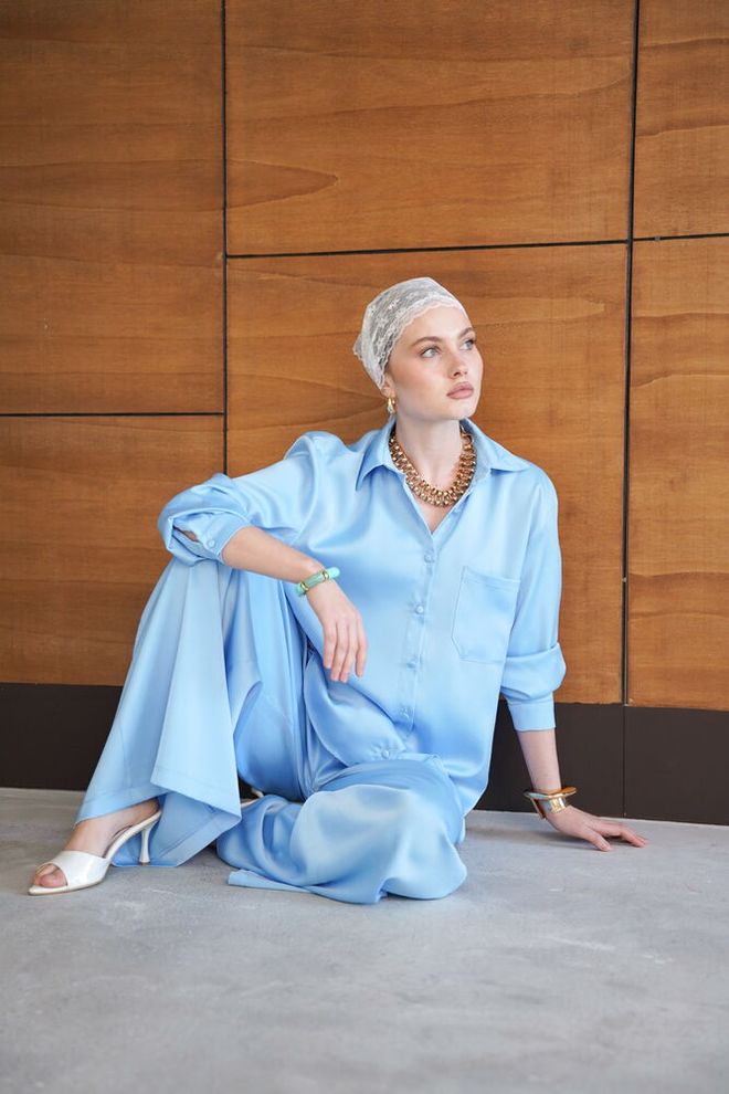 Topshow Blue Oversized Fit Casual Elegant Formal Shirt Wholesale Clothing Spring